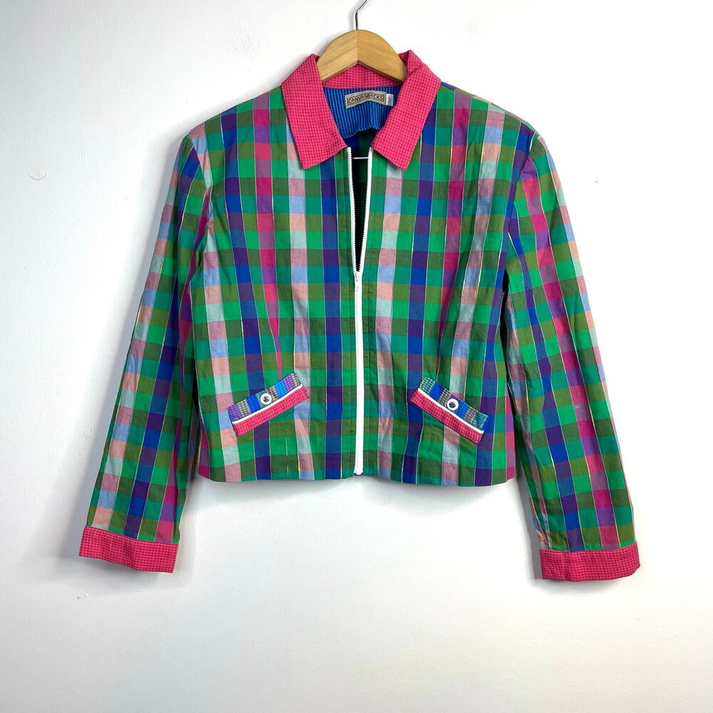 Vintage 90s Y2K Canvasbacks Madras Plaid Cropped Full Zip Jacket 12P 12 Petite L